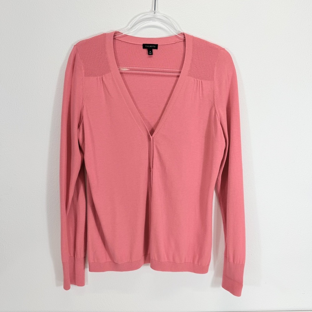 Talbots Womens Classic Salmon Pink Cotton Blend Long Sleeve Cardigan Sweater M
